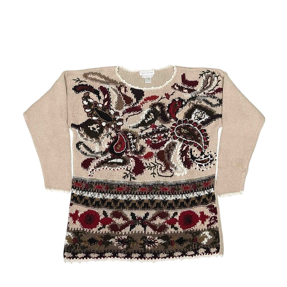 Casual Corner Knitted by Hand Embroidered Paisley Sweater Sz L Beige Cottagecore